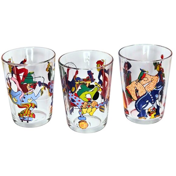 Vintage Circus Clown Glasses Tumblers Made In France Set Of 3 - Picture 1 of 4